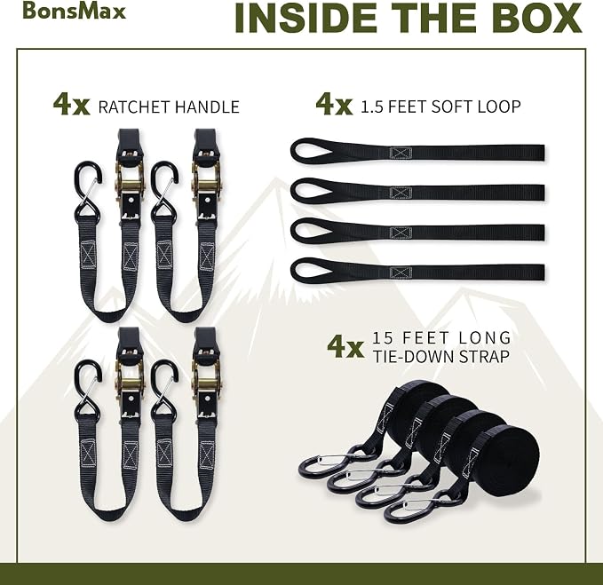 Ratchet Tie Down Straps with Soft Loops 4-Pack| 1 inch x 15 ft | Securing Cargo Strap for Car Roof Rack, Trailer, Kayak, Pickup Truck Bed