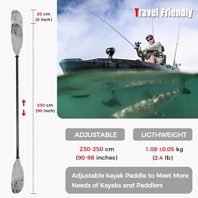Angler Kayak Paddle Carbon Fiber Shaft and Plastic Blade, Floating Adjustable Fihsing Kayak Oar with Paddle Leash, 230-250cm/90-98 inch