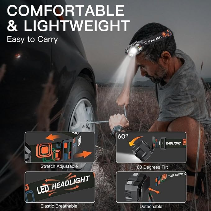 KunHe 20 Pack led Rechargeable Headlamp Flashlight Headlight Motion Sensor 10 Mode for Outdoor Camping Gear Hiking Fishing Running Cycling Headlight Emergency Lights for Home