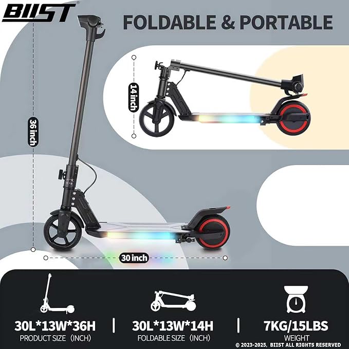 BIIST Foldable Electric Scooter for Kids, with LED Front Head Lights, Bar Lights, Shining Pedal Lights, LED Display, Dual Brakes 150W Motor Kids Electric Scooter， UL2272 Approved