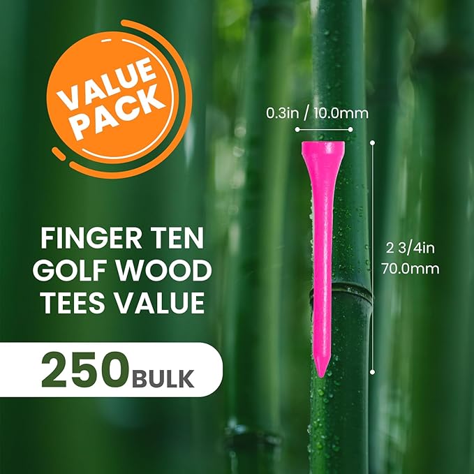 FINGER TEN Bamboo Golf Tees Wood 1 1/2 2 3/4 3 1/4 Inch Wooden Short Long Tee Color Bulk 250/500/1000/2000 Count for Men Women Kids in Red Pink USA Flag