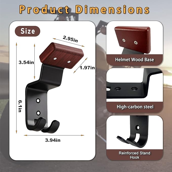 Motorcycle Helmet Holder Wall Mount - Heavy Duty Helmet Hanger Rack with 2 Key Hooks, Solid Wood & Strong Steel Design for Bike, Football, Skiing Sports Gear, Jackets & Hats (2)