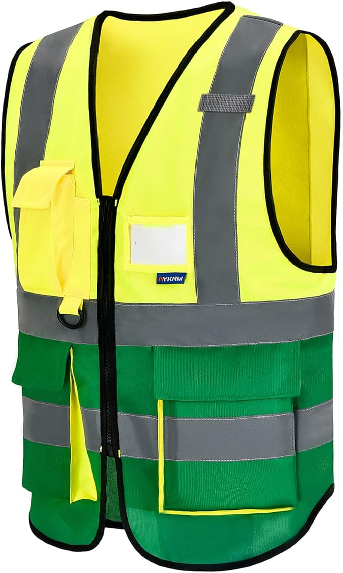 A-SAFETY Reflective Safety Vest, Hi Vis 9 Pockets High Visibility Zipper Front Safety Vest, Yellow&Green Color Mixed, L
