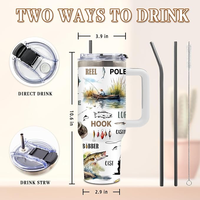 DUUV Fishing Tumbler 40oz, Insulated Fish Cup Gift for Dad Boy Man | Just a Who Loves Fishing Tumbler Leakproof, Fish Print Water Bottle, Birthday Fathers Day Ideal Gift for Fisherman, 1 Pack