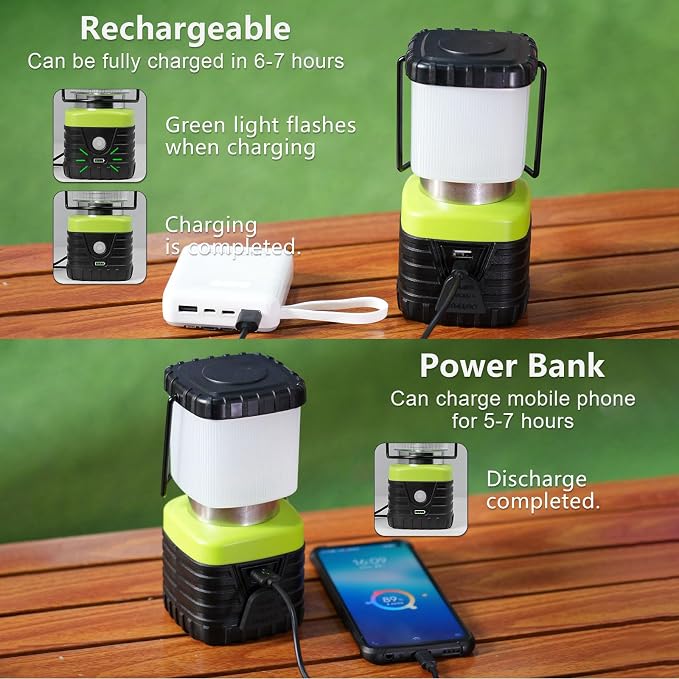 Jarxin 2PCS 6500K White Light LED Camping Lantern Rechargeable 1000LM, 4500mAh Power Bank, Flashlight for Hurricane Emergency, Hiking, IP44 Waterproof Lantern(Green)