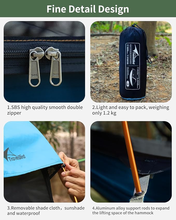 Camping Hammock Tent with Mosquito Net and Removable Sunshade, 4 in 1 Function, Lightweight Hanging Hammocks Tree Straps Swing, Bivvy Ground Tent for Outside, Hiking, and Travel