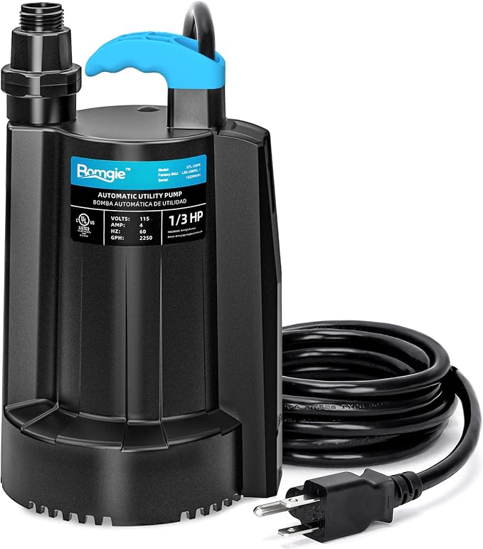 Automatic Water Pump, 2250GPH Sump Pump Submersible Basement Portable Electric Utility Water Pump Removal for Pool Draining Basement Hot Tubs Garden Pool Cover Pond, Black