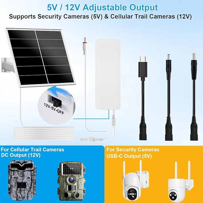 20W Solar Panel Kit with 24000mAh Battery for Security & Trail Cameras, 5V/12V Adjustable Output, USB-C & DC Plugs, IP66 Waterproof, 360° Mount