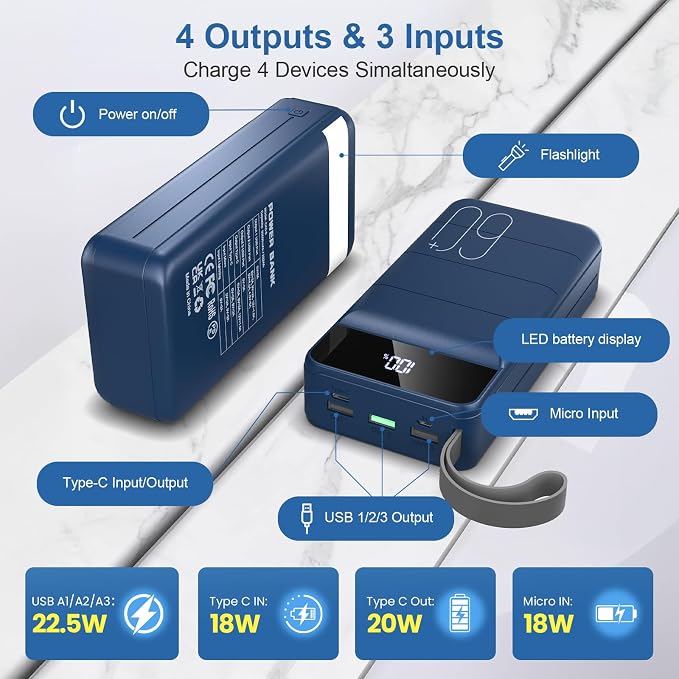 Portable Charger Power Bank 60000mAh Fast Charging 22.5W PD4.0 & QC 4.0 with USB C Battery Pack Charger Portable High Capacity Portable Phone Charger Power Bank for iPhone, Samsung, Travel (Blue)
