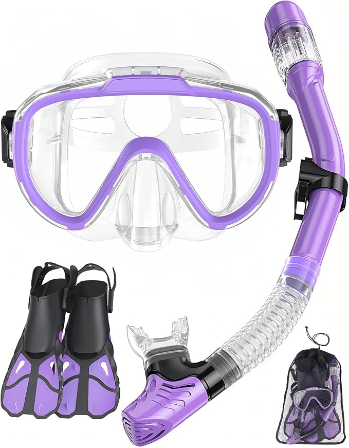 Snorkel Set with Fins for Adults, Snorkeling Gear for Adults Men and Women, Snorkle, Mask Set Adults Dry Top Snorkel Mask Combo Set with Travel Bag for Snorkeling, Diving, Swimming