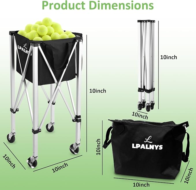 Pickleball Tennis Ball Hopper-Foldable Lightweight Tennis Cart Holds 180 Tennis/160 Pickleballs with Removable Bag,Wheels,Side Pocket for Training/Teaching, for Tennis/Pickleball/Baseball/Softball