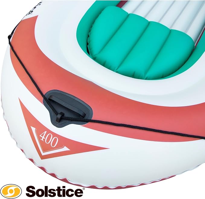 SOLSTICE Inflatable Boat for Lakes, Rivers & Beaches – Heavy-Duty Raft with Swivel Oar Locks, Rod Holders & Inflatable Seats – Voyager, Fishing, Full Kit Includes Oars & Pump, 4-Person, Brown, 8'6"