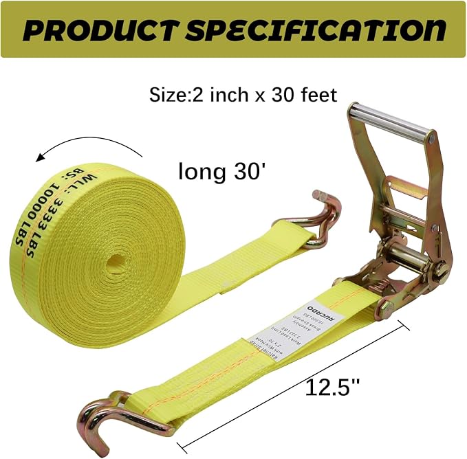 2 Inch x 30 Ft Ratchet Straps Heavy Duty 4 Pack, 10,000 lbs Breaking Strength, Tie Down Straps Ratchet with Double J Hooks, Cargo Ratchet Straps for Trailer, Truck, ATV, Cargo, Yellow