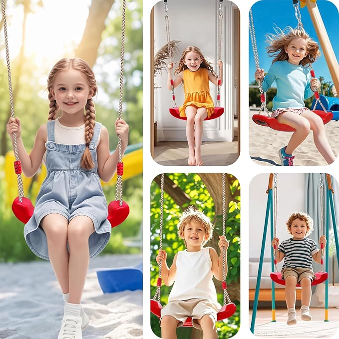 Plastic Swing Seat, Heavy Duty Tree Swing Set Non Slip Playground Swing Set Accessories Replacement with Adjustable Rope for Kids Outdoor Play Playground Backyard (Red)