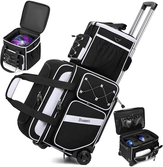 BOSSTIN 3 Ball Bowling Bag with Wheels, 2 Ball Bowling Bags Double roller with 1 Ball Add On Bag, Multi-Pockets & Shoe Compartment (Fits Up to Size 15)