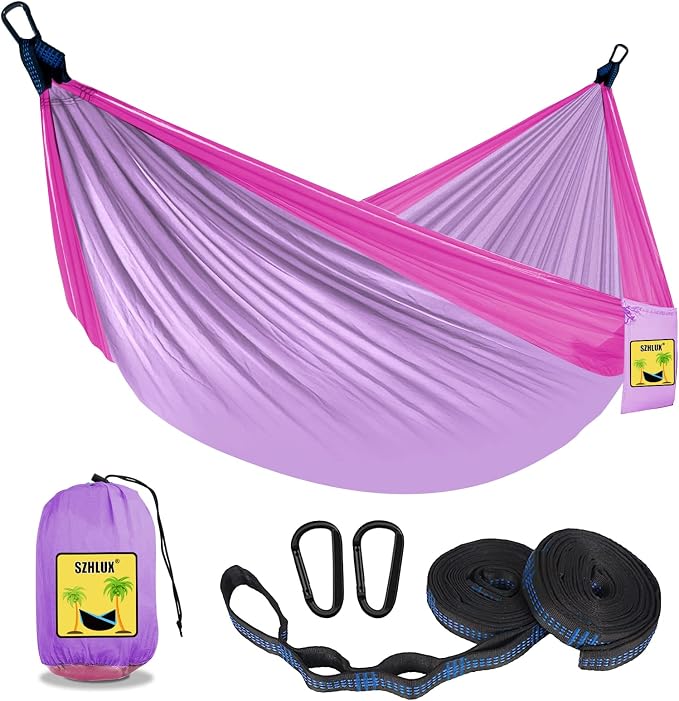 SZHLUX Kids Hammock - Kids Camping Gear, Camping Accessories with 2 Tree Straps and Carabiners for Indoor/Outdoor Use, Pink & Light Purple