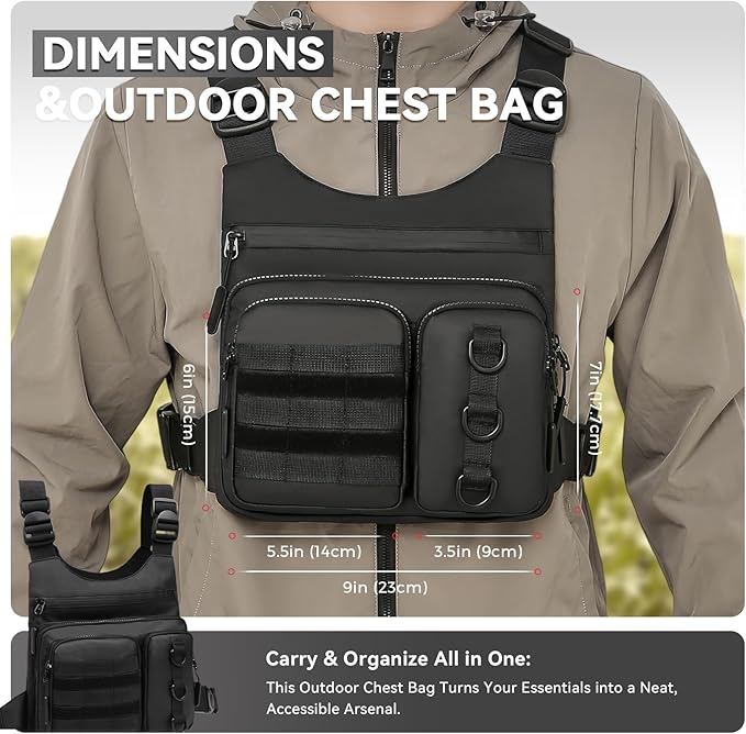 Criuage Outdoor Chest Bag for Men, Lightweight Adjustable Running Vest, Water Resistant EDC Chest Pack with Water Bottle Pocket, Breathable Back Pad for Hiking Cycling Fishing Travel (Black)