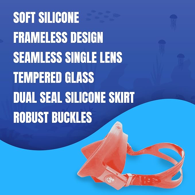 Spartacus Frameless Dive Mask, Ultra-Clear Low-Iron Glass, Wide View, Low Volume, 100% Silicone Skirt