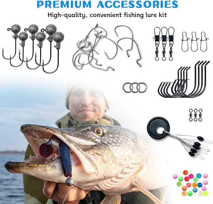 Fishing Accessories Kit Organized Fishing Tackle Box | Included Hooks, Sinkers Weights, Rubber Bobber, Jigs, Beads, Swivels Snaps, Fishing Gear Kit