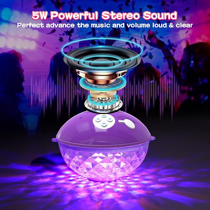 Floating Pool Speakers with Colorful Lights, Bluetooth Wireless Pool Speaker Floatable IP68 Waterproof, Built-in Mic & Crystal Clear Sound Bluetooth Hot Tub Speaker for Pool Party Outdoors