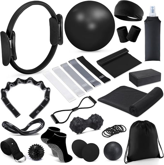 Halloscume 24 Pcs Pilates Kit, Home Pilate Equipment for Women, Pilates Ring and Ball Set with Stretching Strap, Water Bottle, Magic Circle, Yoga Ring, Gym Bag, Resistance Band, Anti Slip Sock