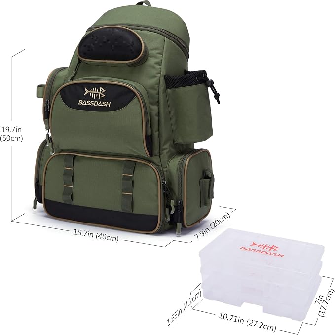 BASSDASH Fishing Tackle Backpack Water Resistant Tactical Bag Soft Tackle Box with Rod Holder and Protective Rain Cover