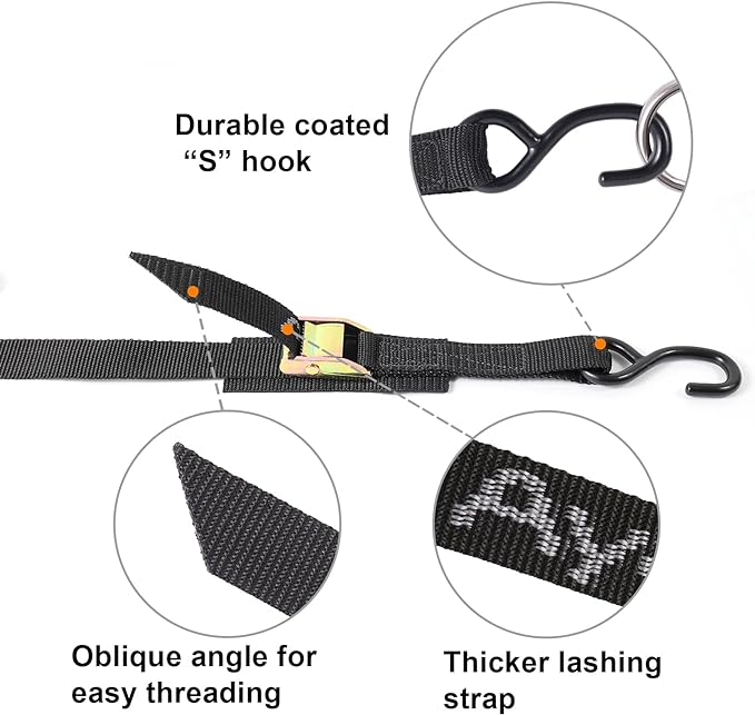 Ayaport Cam Buckle Tie Down Straps 20 feet 2200lbs Break Strength Securing Straps with S Hooks for Motorcycle, Kayak, Car, Truck, Dirt Bike