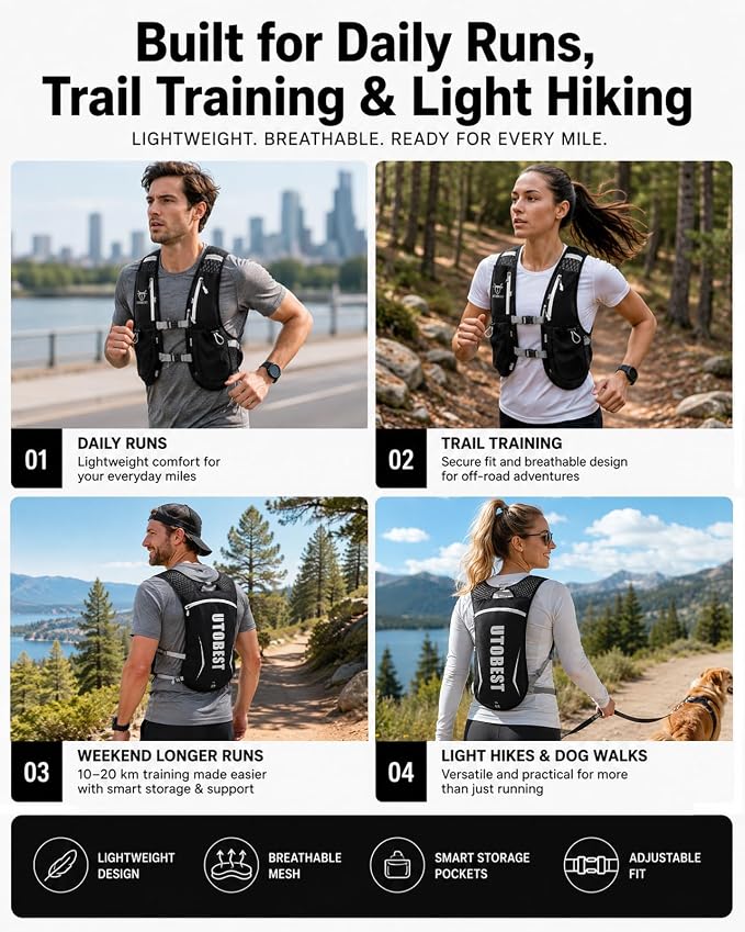 UTOBEST Running Vest, 5L Hydration Vest Lightweight, Breathable and Sweatproof Running Backpack, Adjustable Running Hydration Vest for Trail Running Marathon Race Jogging Cycling