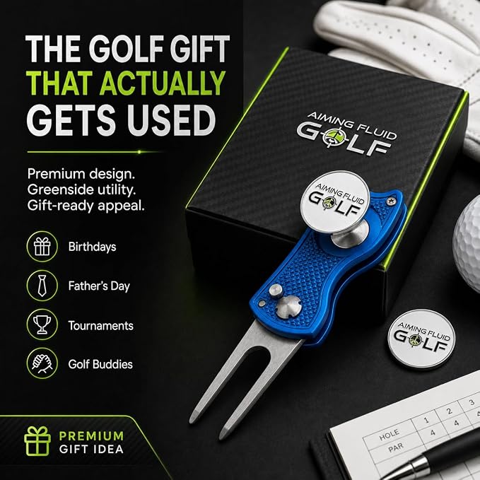 Golf Divot Repair Tool — 5-in-1 Golfing Ball Marker, Pitch Mark Repair, Putting Alignment, Club Tee, and Groove Cleaner, Accessory Metal Switchblade Design - Ideal Gift for Golfers