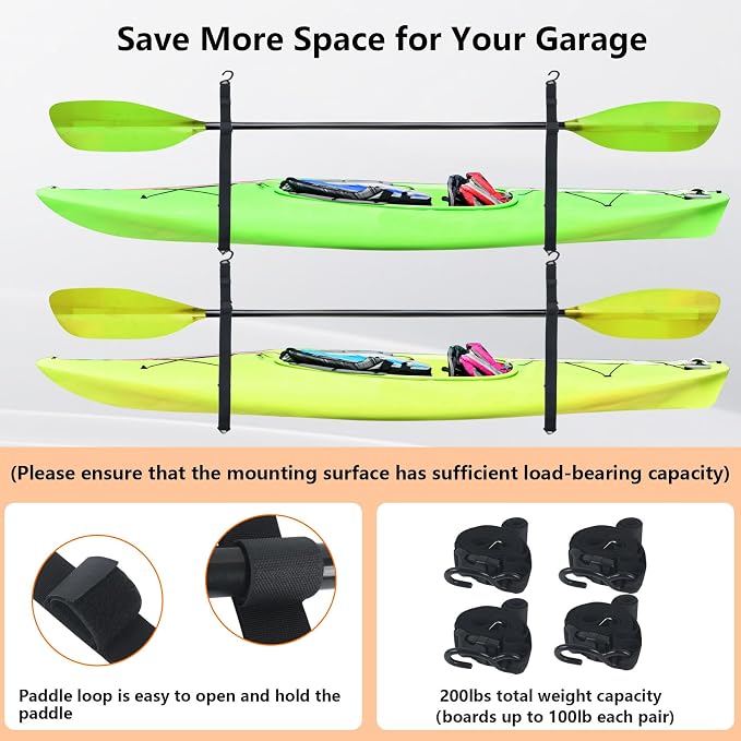 Kayak Storage Strap,Kayak Hanging Straps 1in/1.5in Wide,Adjustable Kayak Wall Mount Straps,Kayak Storage Strap System With Paddle Loops for Hanging 1or 2 Kayak,Paddle Board,Surfboard,Canoe(2/4 Pack)