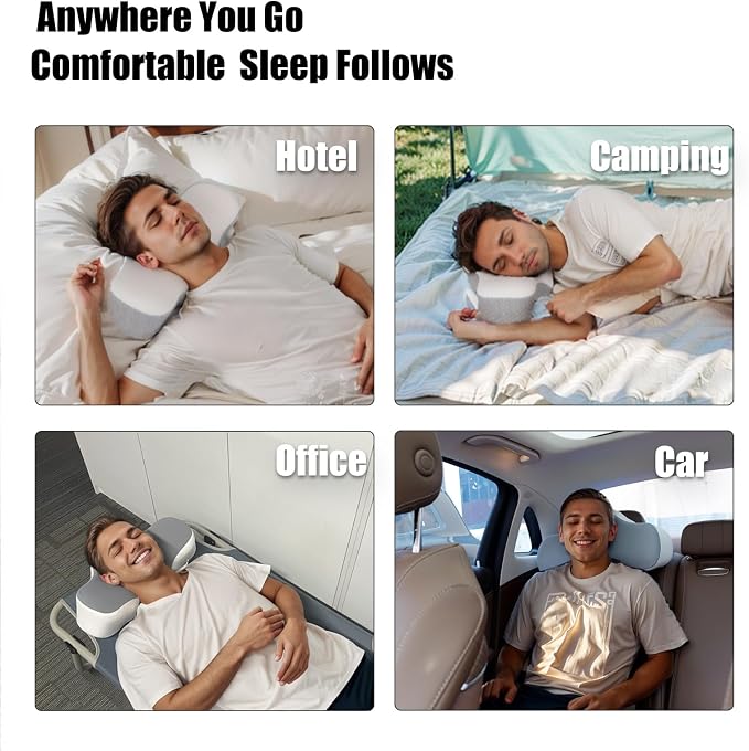 Bespilow Camping Travel Pillow for Sleeping - Memory Foam Cervical Neck Support Pillow for Neck Pain Relief, Inflatable Alternative, Compressible Cooling Orthopedic Pillow for Backpacking, Airplane