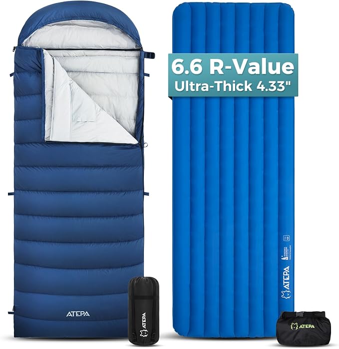 ATEPA Ultralight Backpacking Sleep System, 3 Season Camping Gear Set, Down Sleeping Bag & 6.6 R-Value Insulated Inflatable Sleeping Pad, Lightweight Packable