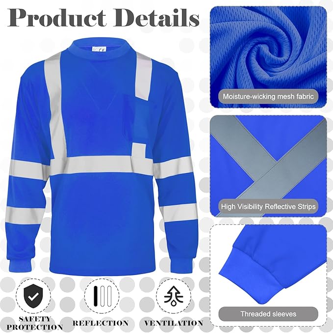 Amylove 4 Pcs Long Sleeve Safety Shirt High Visibility Reflective Construction Work Shirts for Men Women(XL,Blue)
