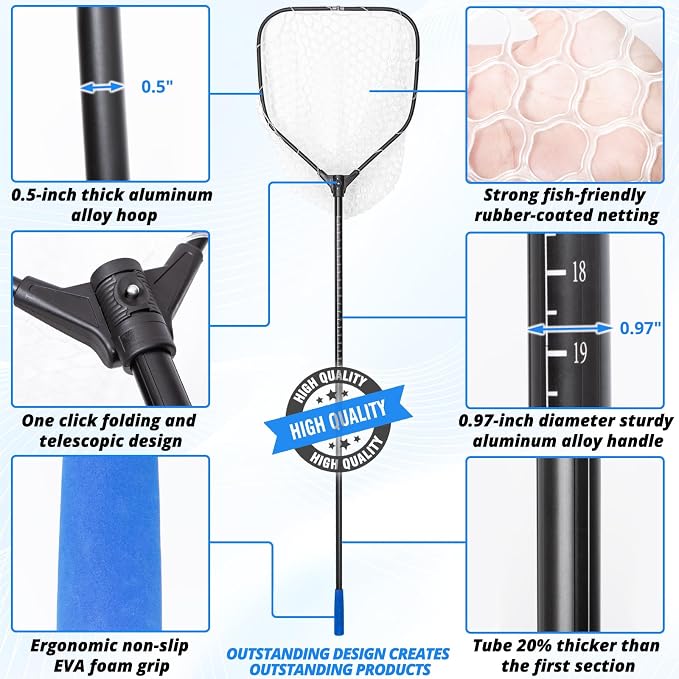 Long Collapsible Landing Net, Large Fishing Net with Telescoping Handle, Foldable, Extendable, Lightweight & Strong, Fish Net with Fish-Friendly Mesh for a Safe Release