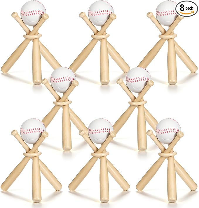 8 Pack Wooden Baseball Display Stand Holder, Mini Baseball Bats and Rings, Creative Gift for Baseball Fans, Office Home Desk Decor