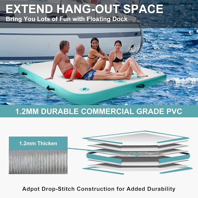 5ft/6ft/8ft/10ft Floating Dock Water Platform, Multi-People Inflatable Floating Mat, Dock Platform for Lake/Boats/Island/Swimming Pool