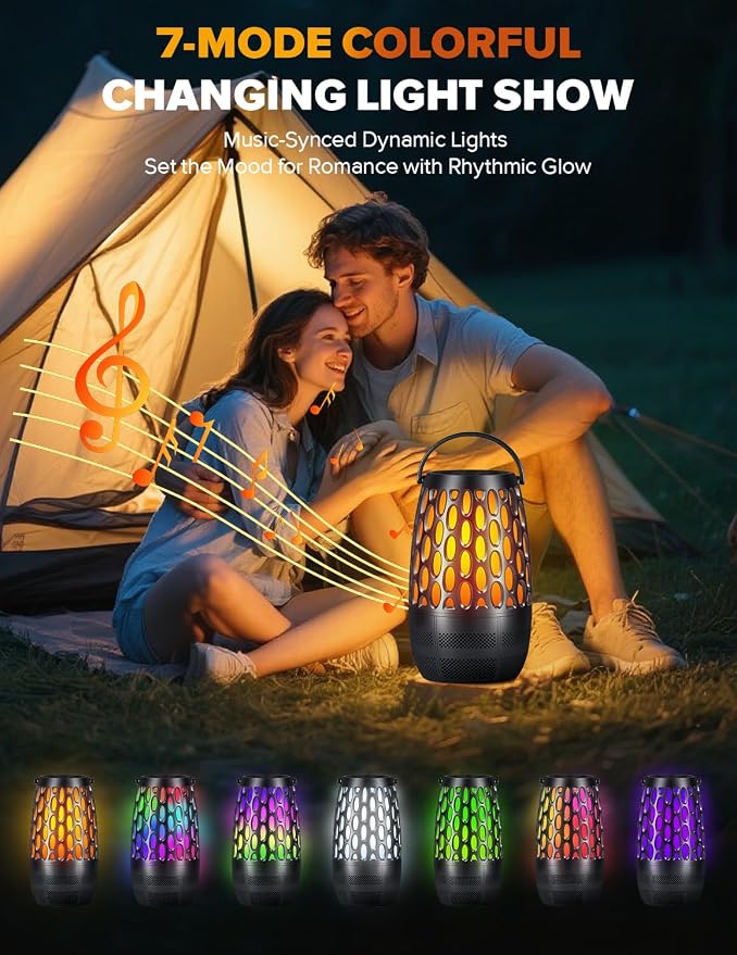 Upgraded Outdoor Speakers with Flame & RGB Lights, 10W HD Stereo, Bluetooth 5.3 Auto-Pairing, Multi-Sync 100+ Speakers, IPX6 Waterproof, Perfect for Patio, Pool, Party | Gifts for Men & Women(1Pack)