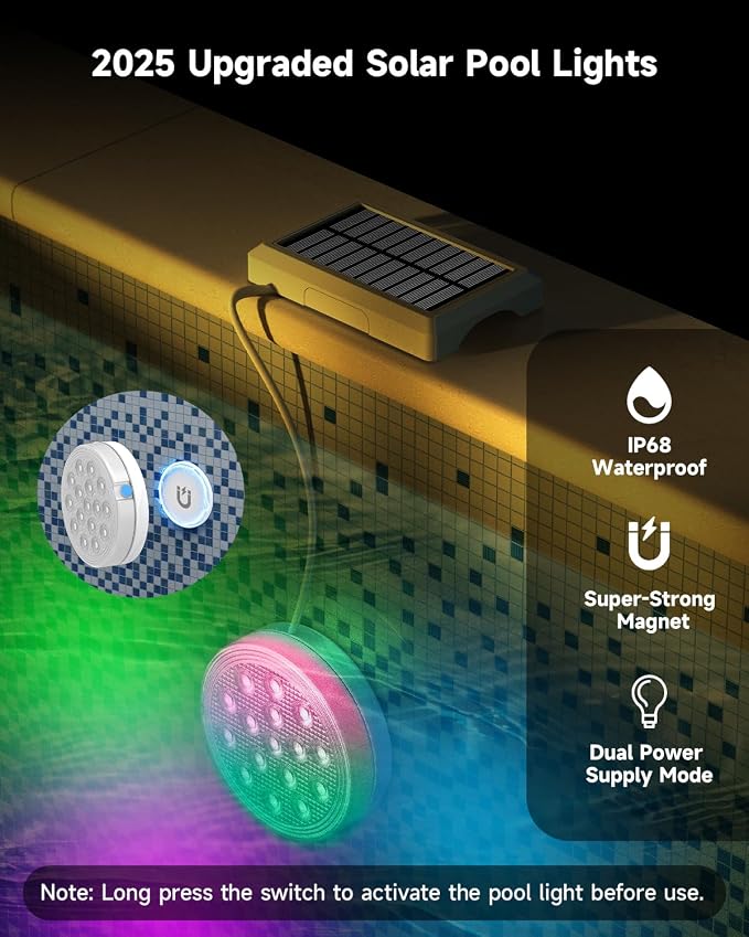 Solar Pool Lights, Rechargeable Submersible LED Lights with Remote, IP68 Waterproof Built-in Magnet Solar Underwater Light for Above Ground/Inground Pools, Pond Decoration(4 Pack)