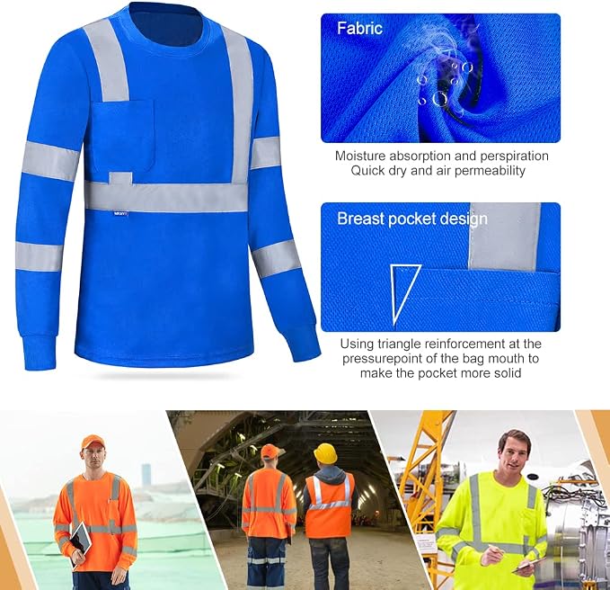 A-SAFETY Safety Shirt,High Visibility Work T Shirt Long Short Sleeve Class 3 (XS-6XL)