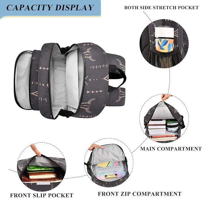 Fisyme Boho Bull Skull School Backpack Laptop Backpack Bags Bookbag Travel Casual Computer Notebooks Daypack