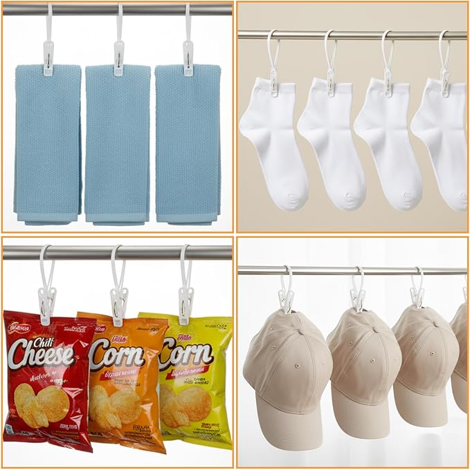 120 Pack Multi-Purpose Laundry Hooks Hanging Clips Bulk with Plastic Rope Hanger Clips for Baby Clothes Closet Organizer for Pants Hat Sock Boot Bra Towel Bathroom Wardrobe Kitchen