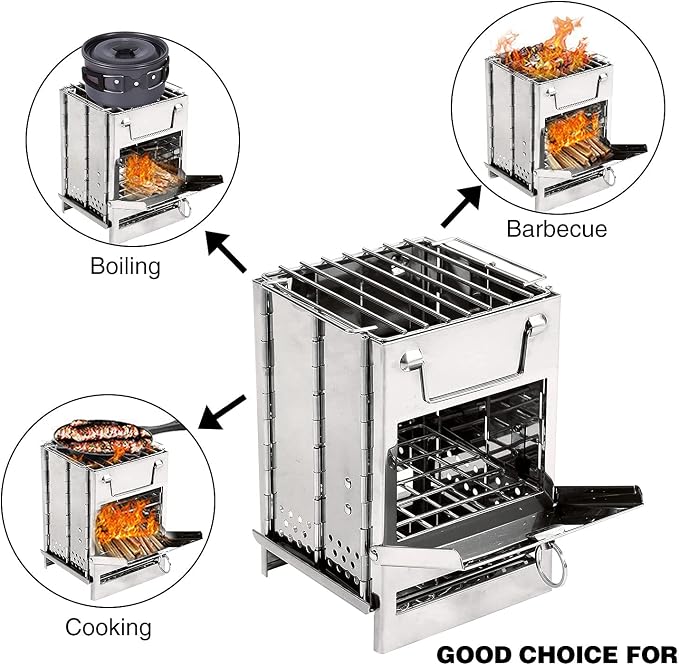 REDCAMP Wood Burning Folding Camp Stove Stainless Steel Grill, Portable Collapsible Backpacking Stove Survival Rocket Stove for Hiking Outdoor Tent Camping Picnic BBQ, Samll