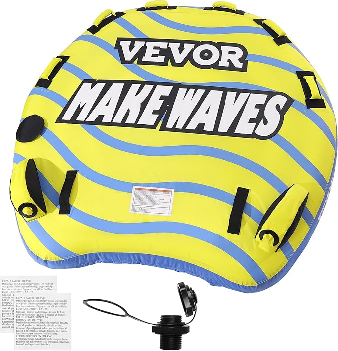 VEVOR Towable Tubes for Boating, 1-4 Riders Inflatable Boat Tubes & Towables, 340-680 lbs Capacity, Multiple Sizes with Full Nylon Cover, Padded/EVA Handles, Fins & Safety Valve (Multi-Option)