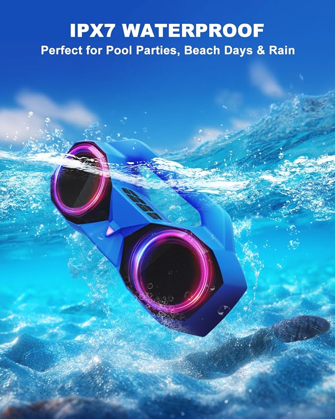 OZJ Bluetooth Speaker Outdoor Loud: 80W(Peak) with Bass, Portable Wireless Speaker with IPX7 Waterproof, 20H Playtime, RGB Lights, TWS for Outside, Beach, Work (Blue)