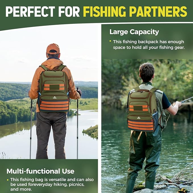 MATEIN Fishing Backpack Tackle Box, Water Resistant Tackle Backpack with Cooler & Rod Holders, Fishing Gifts for Men