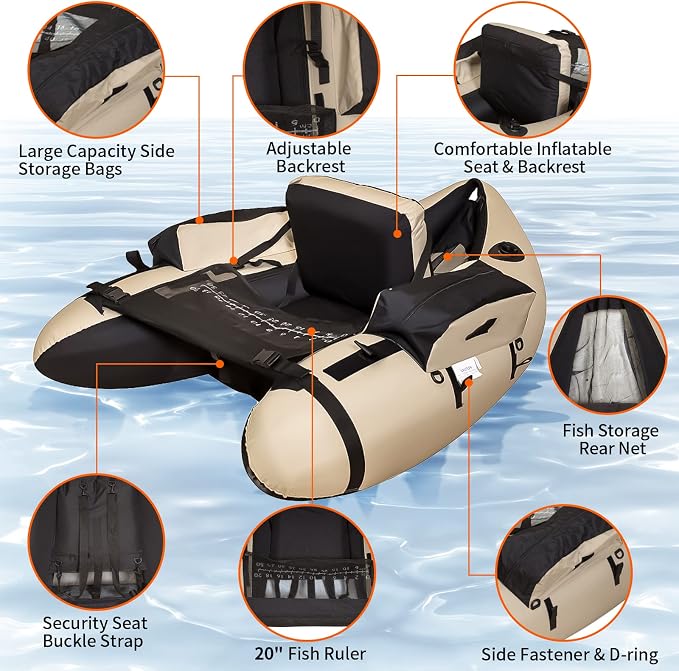 Fishing Float Tube with Adjustable Backpack Straps, Storage Pockets, Fish Ruler, Fly Fishing Boat with Pump, Oar, Rod Holder and Mount, Fins, 350LBS Load Bearing Capacity, FT003