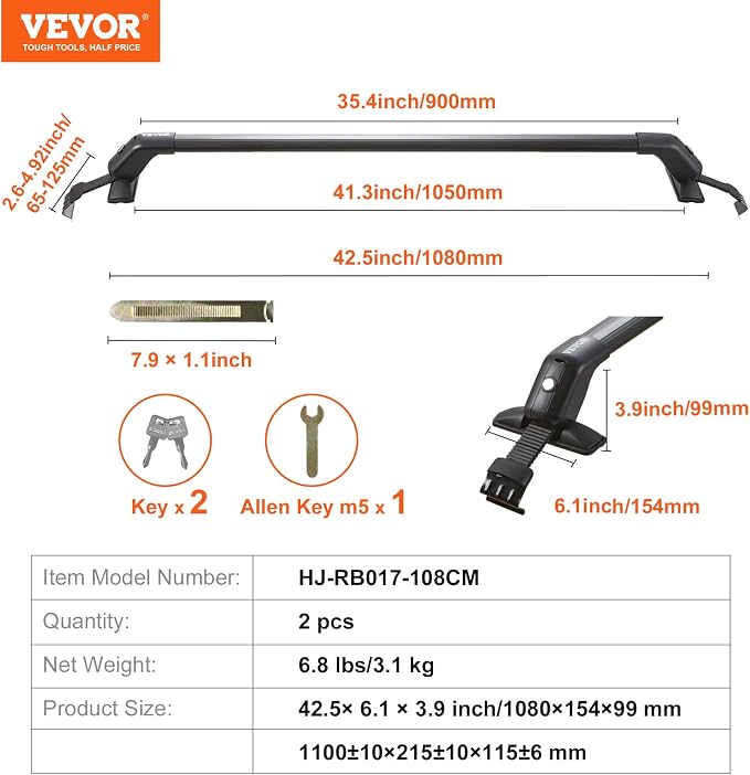 VEVOR Roof Rack Cross Bars, Aluminum Roof Rack Crossbars, Fit Roof Without Side Rail, 155 lbs Load Capacity, Adjustable Bare Roof Crossbars with Locks, for SUVs, Sedans, and Vans