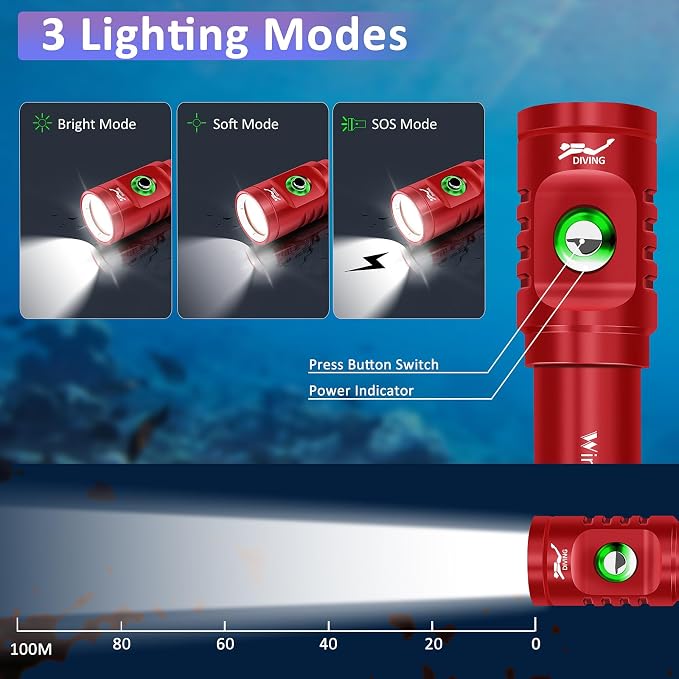 WINDFIRE TS08 Dive Light Super Bright, Scuba Flashlight Rechargeable, IP68 Waterproof 197 ft Depth Underwater Flashlight, 3 Modes & Power Indicator, Snorkeling Torch for Night Diving