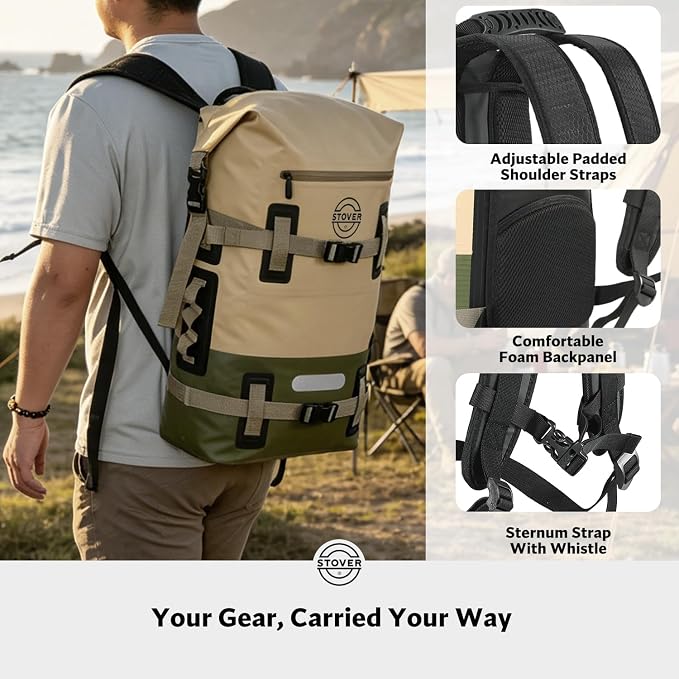 STOVER 40L Waterproof Dry Backpack & Phone Case - X-Large Floating Dry Bag for Kayaking, Travel, Hiking, Fishing, Camping, Motorcycles & Beach, Heavy-Duty Roll Top Men/Women (Tan/Army Green/Brown)