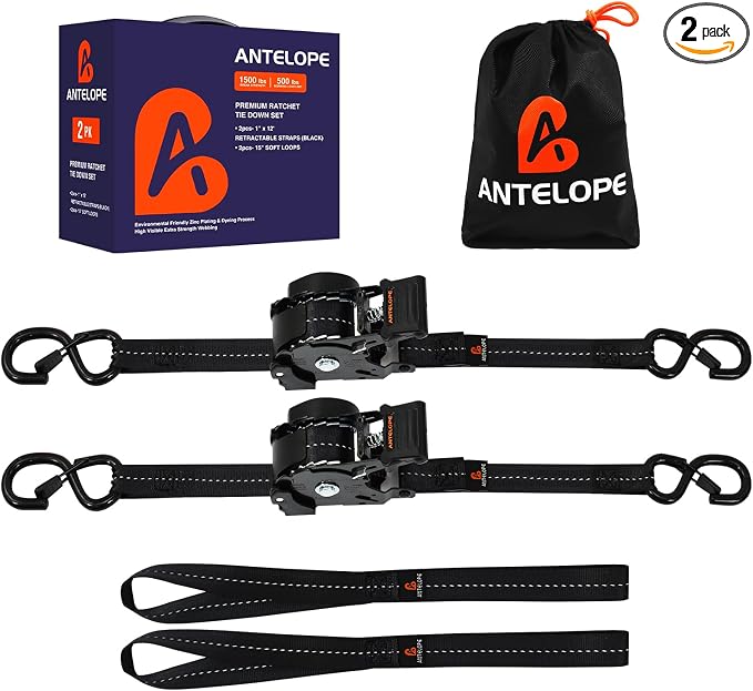 Retractable Ratchet Straps (2PK) - 1 in x 12 ft Automaitc Ratchet Tie Down Straps with Soft Loops, 1500lb Break Strength Self Retracting Strap for Motorcycle, Truck, Cargo, Trailer, ATVs, UTVs -Black